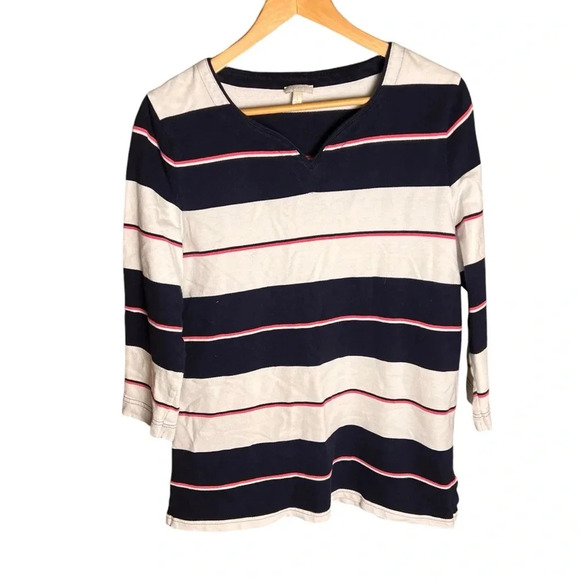 Talbots Multicolor Stripes Sleeve lengthThree-Quarter Side Slits V-neck Shirt L - Picture 1 of 6